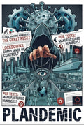 Plandemic conspiracy thriller art poster featuring a hooded puppet master, virus imagery, and headlines about lockdowns and vaccine mandates