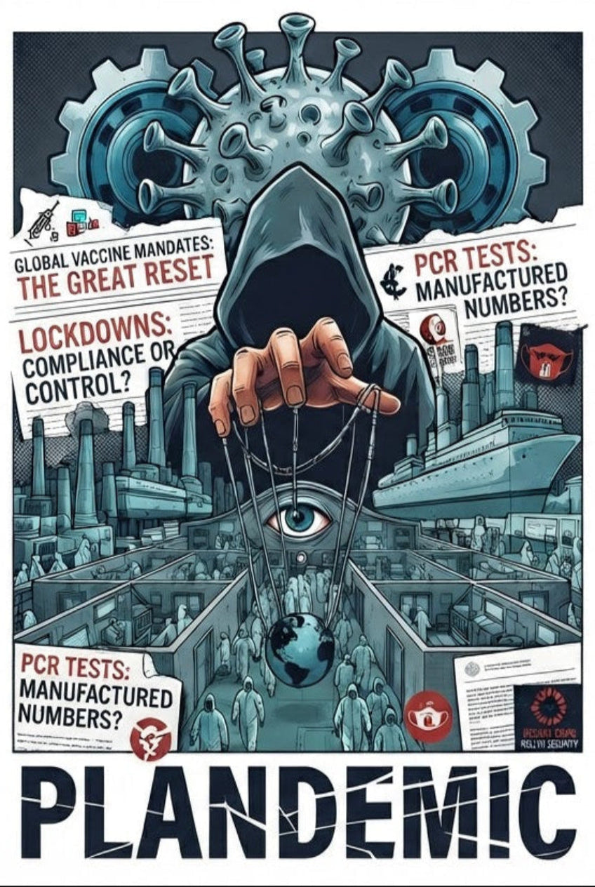 Plandemic conspiracy thriller art poster featuring a hooded puppet master, virus imagery, and headlines about lockdowns and vaccine mandates