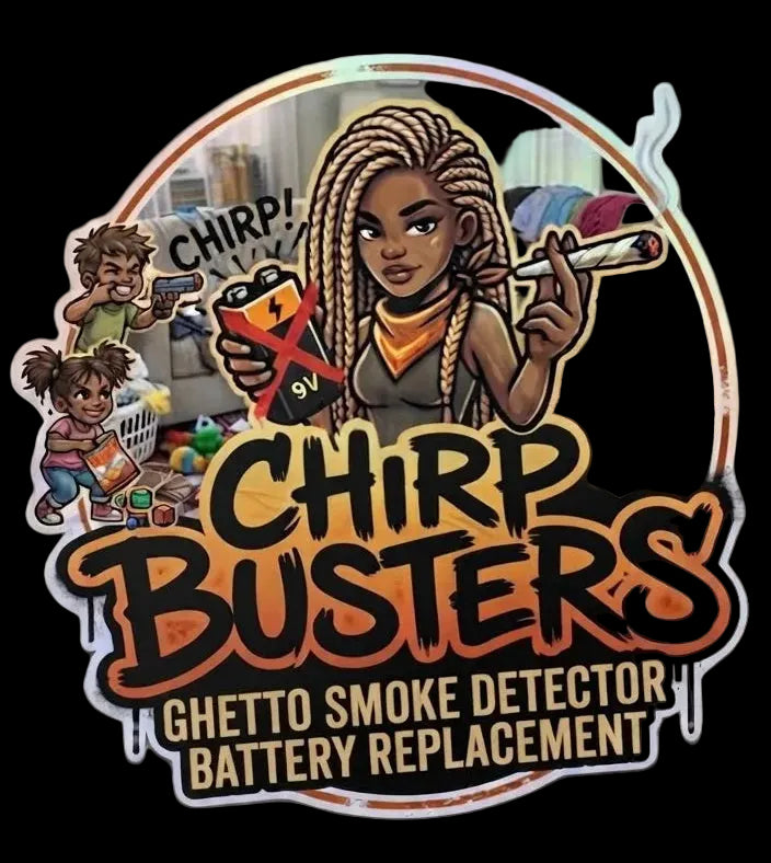 Chirp Busters coozie — Ghetto Smoke Detector Battery Replacement featuring a woman with dreads holding a blunt and a 9V battery